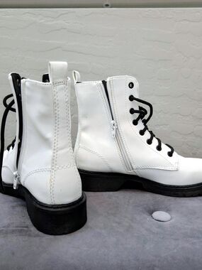 White Lace-Up Side-Zip Combat Boots for Women